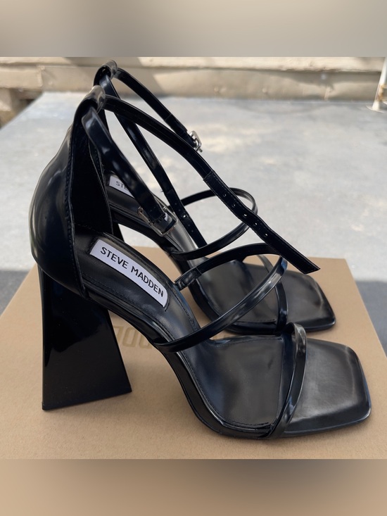 Steve Madden Shoes - Steve Madden Tammy Black Patent Strappy Heels Size 7.5 Geometric Block Heel
